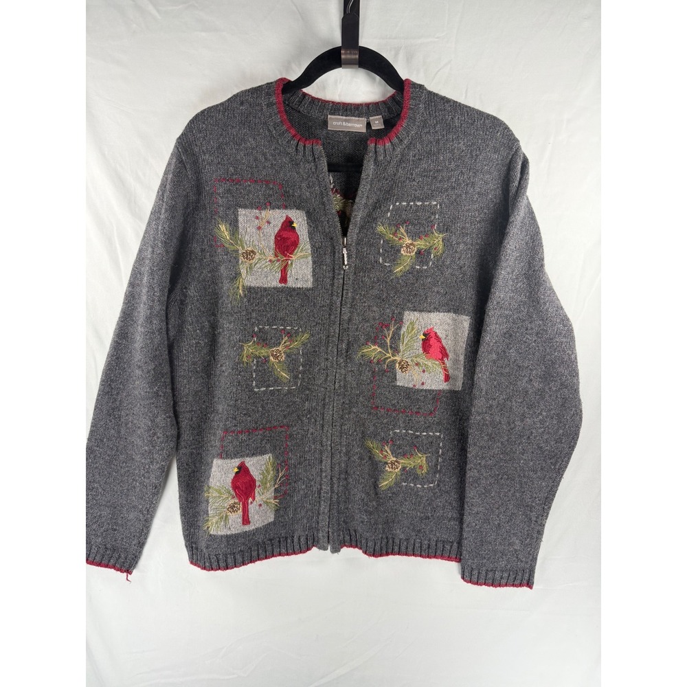 Croft & Barrow Gray Cardinal Embroidered Zip Up Cardigan Sweater Medium Cozy
